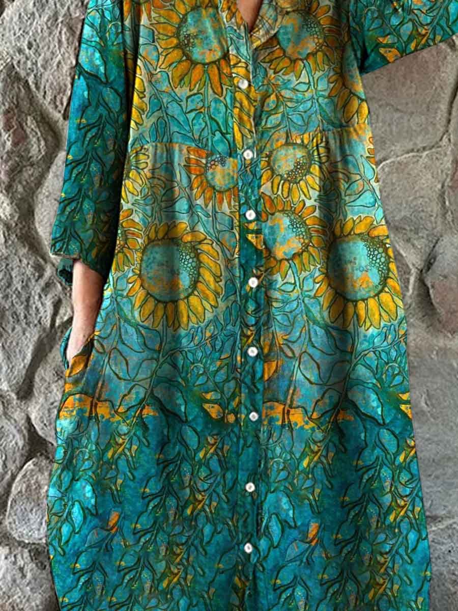 Women's Vintage Sumflower Floral Pattern Shirt Style Cotton and Linen Dress