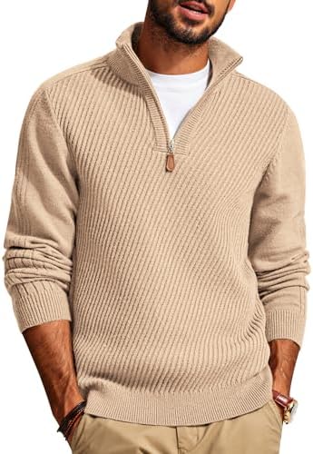 Mens Quarter Zip Pullover Sweaters Casual Slim Fit Knit Texture Sweater