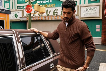 Mens Quarter Zip Pullover Sweaters Casual Slim Fit Knit Texture Sweater