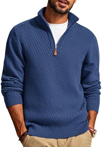 Mens Quarter Zip Pullover Sweaters Casual Slim Fit Knit Texture Sweater