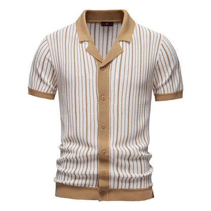 Men's Short Sleeve Knit Polo Vertical Stripe Button Shirt