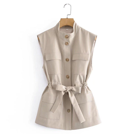 Women Vest Stand Collar Single-Breasted Lace up Vest