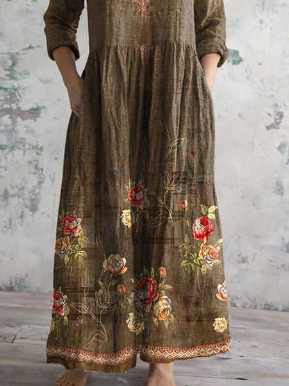Women's Vintage Floral Print Casual Cotton Dress