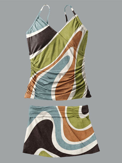 Women's V-neck Ripple Print Suspender Skirt Tankini Set Swimsuit
