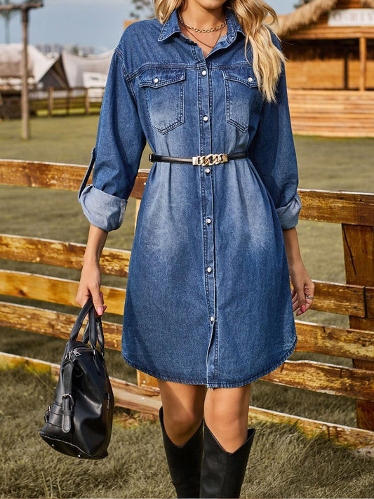 Women's Washed Denim Loose Casual Long Sleeve Dress