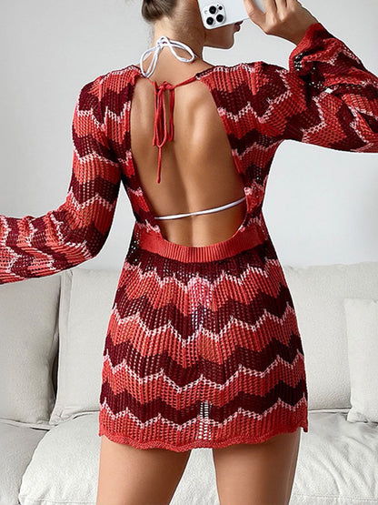 Women's Color Block Striped Lace Up Dress
