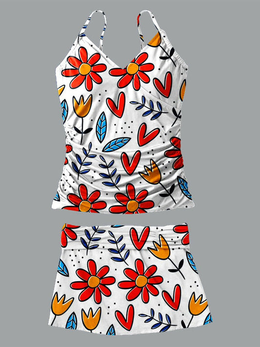 Women's V-neck Color Floral Print Suspender Skirt Tankini Set Swimsuit
