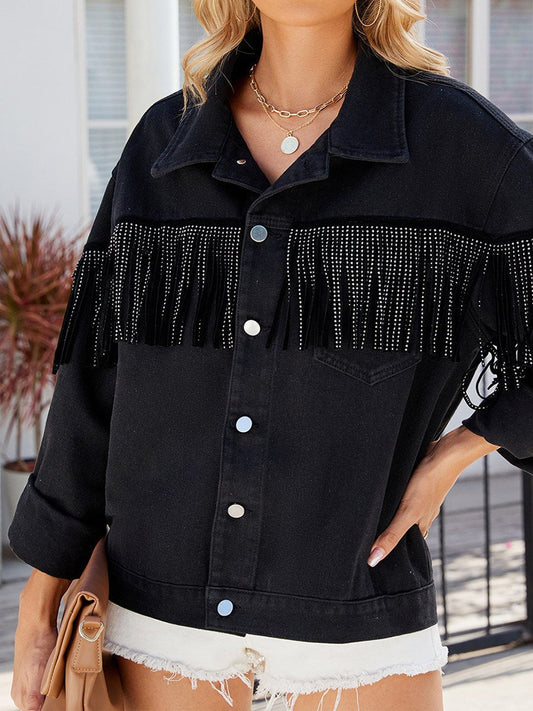 Women's Washed Studded Fringed Denim Jacket Top